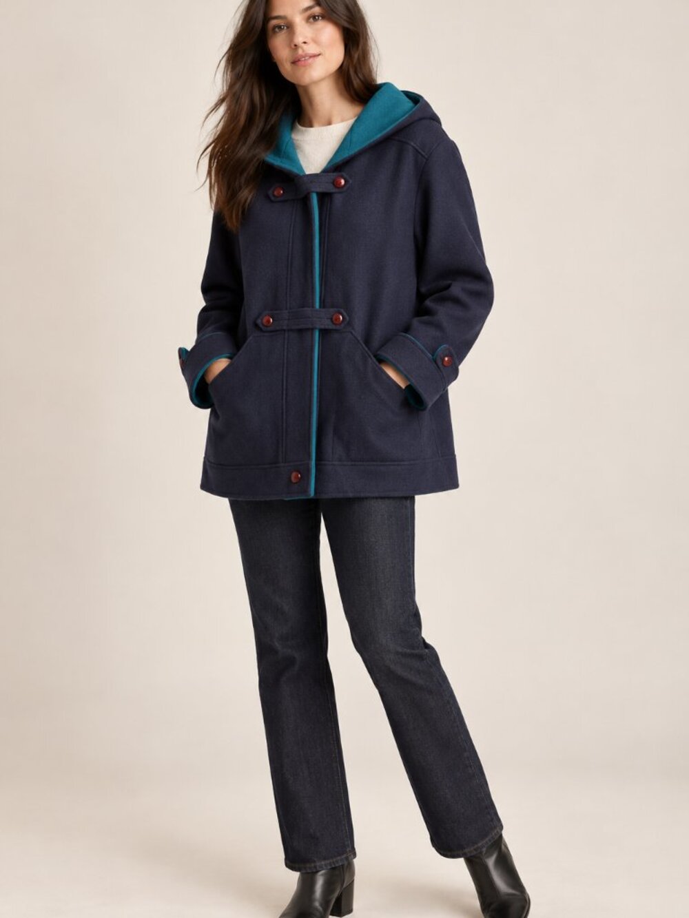 Vintage Wool Duffle Coat Hooded Nuova Citta Made in Canada Navy & Teal Size 10